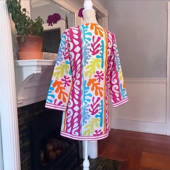 GRETCHEN SCOTT DESIGNS 100% Cotton Multi Color Leaf Print Split Neck Tunic Sz XS - Picture 9 of 12